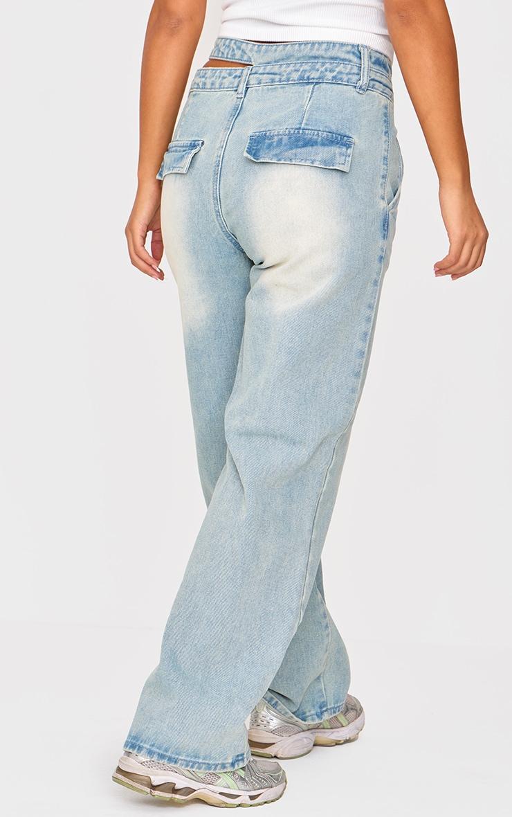 Petite Vintage Bleach Wash Denim Double Waistband Wide Leg Jeans Product Image