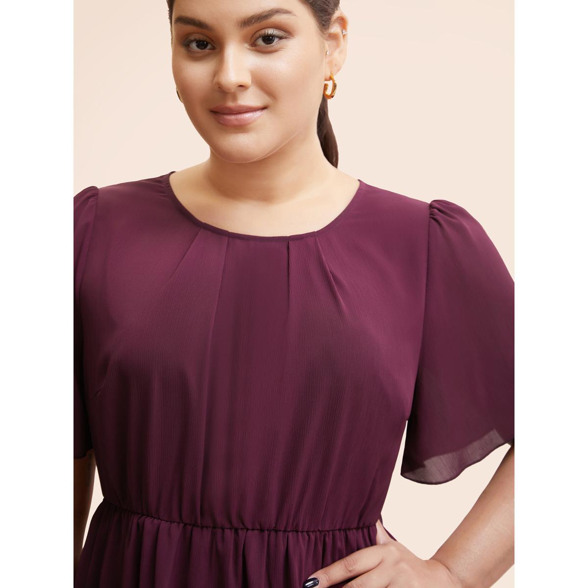 Plus Size Plum Solid Elastic Waist Ruffle Sleeve Blouse Women Workwear Essentials Short sleeve Round Neck Work Blouses BloomChic 26/4X Product Image