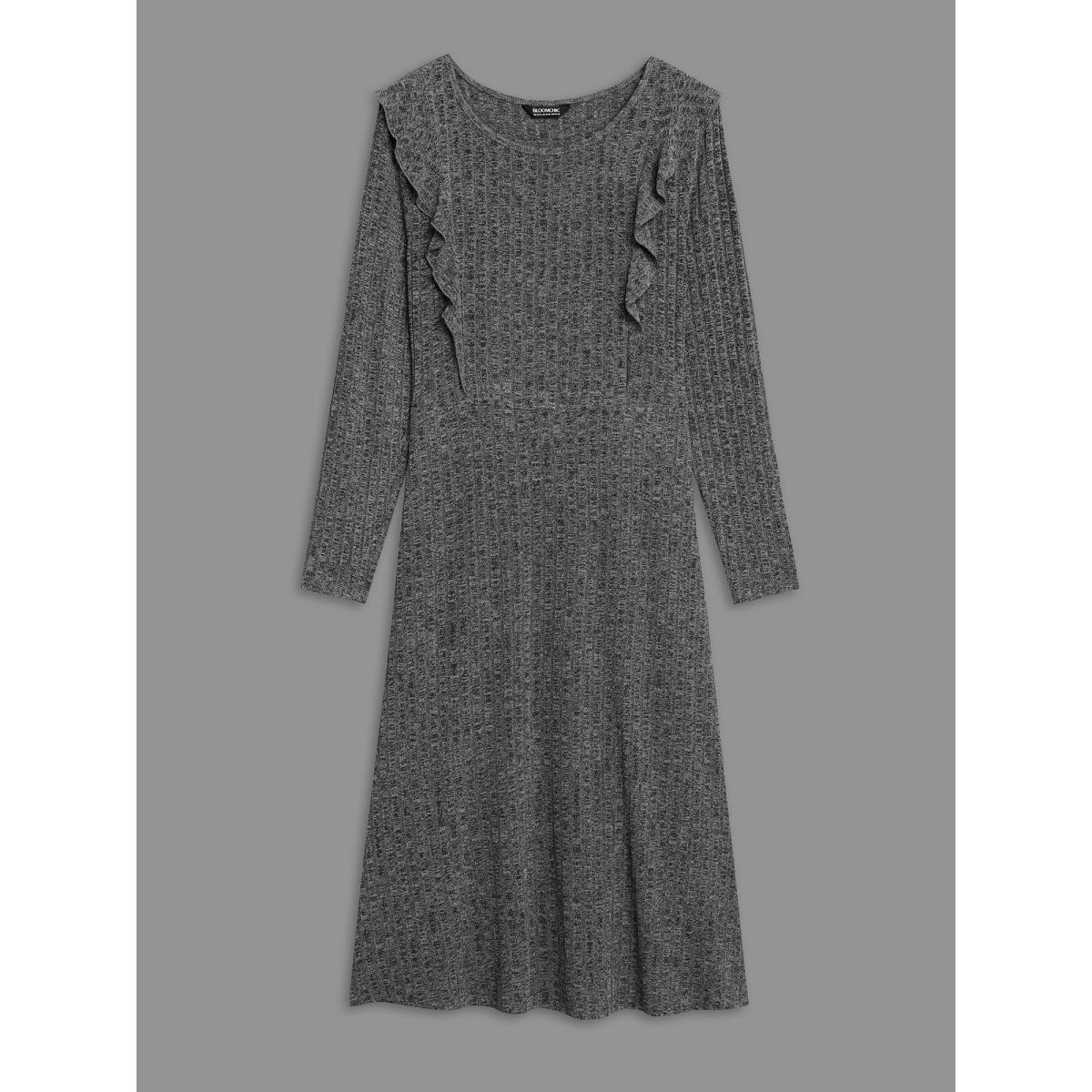 Plus Size Crew Neck Ruffle Trim Knit Dress DarkGray Women Casual Texture Knit Dresses Bloomchic 26/4X Product Image