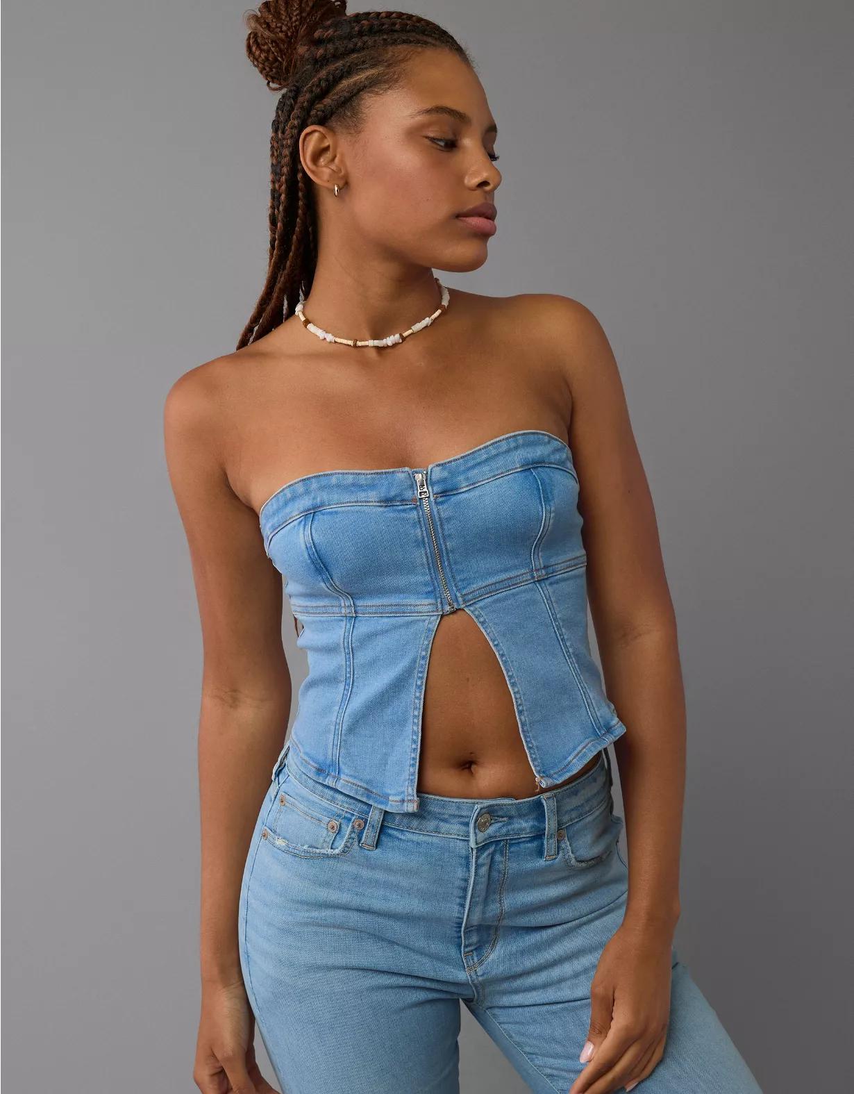 AE Denim Zip-Front Tube Top Product Image