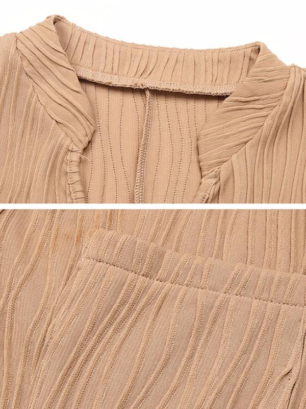 Loose Short Sleeves Pleated Solid Color Split-Joint V-Neck Mini Dresses Product Image