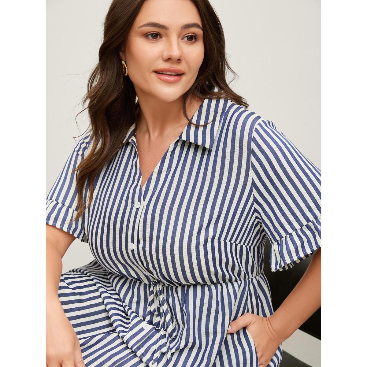 Plus Size Striped Tie-Front Midi Shirt Dress DarkBlue Women Shirt collar Short sleeve Curvy BloomChic 10/M Product Image