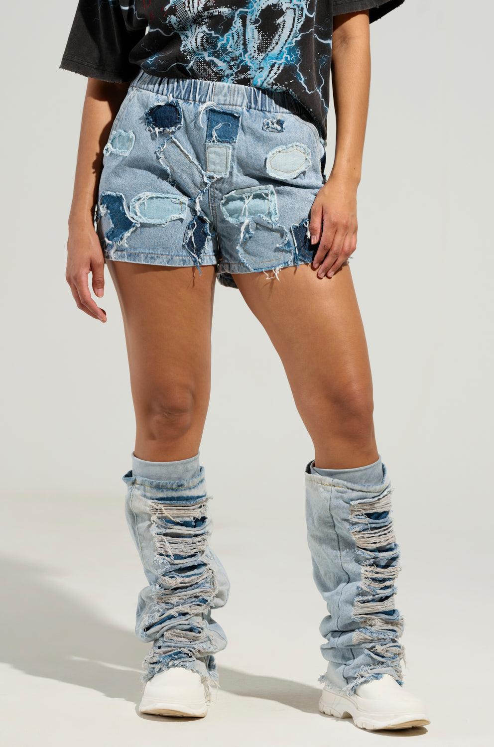 BAD IDEA DENIM PATCHWORK SHORTS Product Image