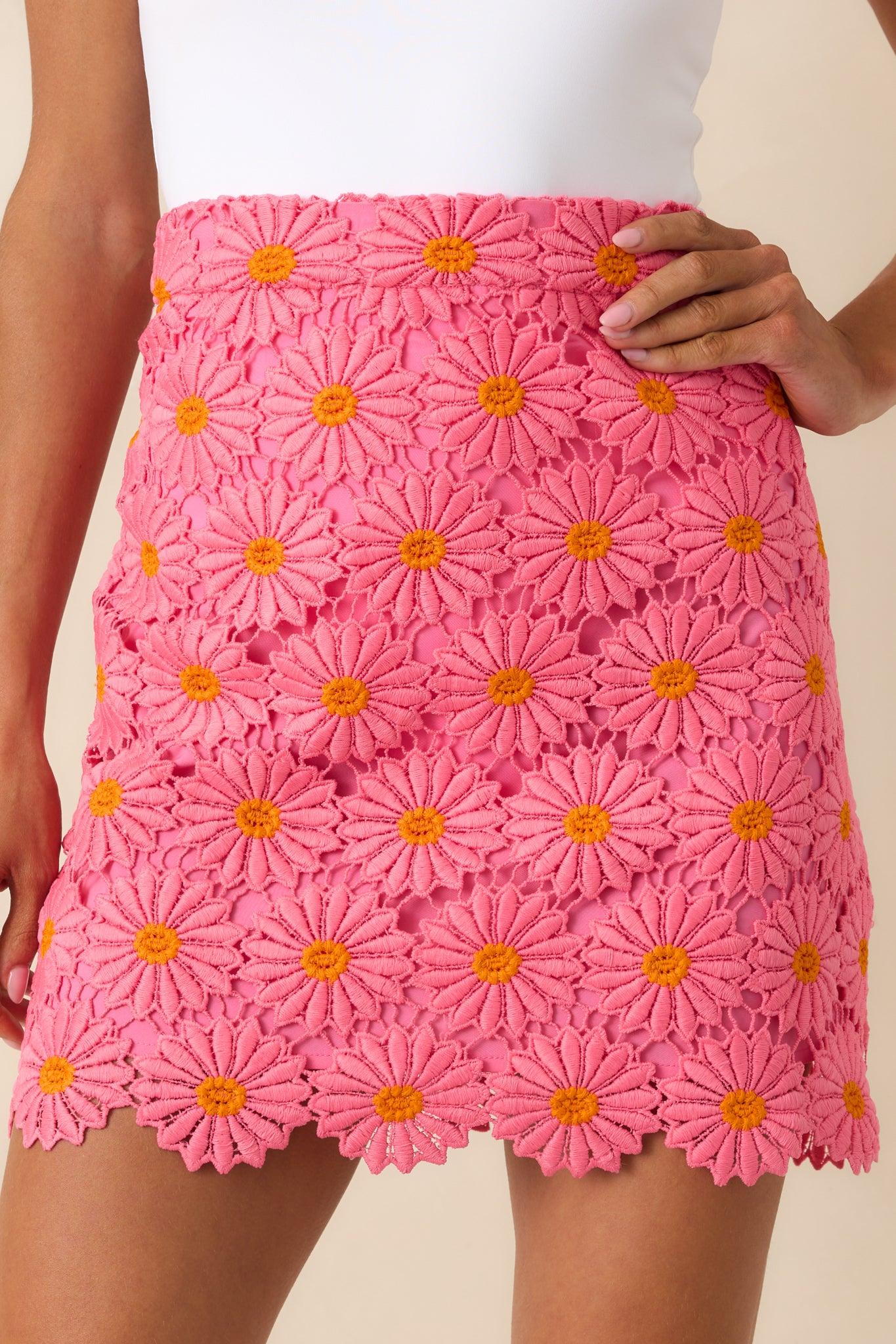 Naturally Poised Hot Pink Floral Embroidered Lace Mini Skirt Product Image