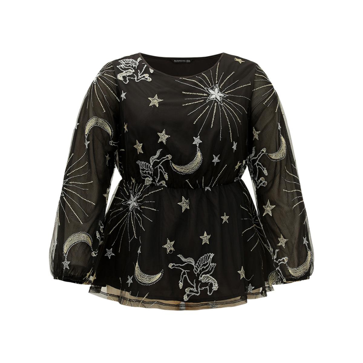 Plus Size Black Halloween Star Elastic Waist Mesh Patchwork Lantern Sleeve Blouses Women Elegant Long Sleeve Round Neck Festival-Halloween Blouses BloomChic 10/M Product Image