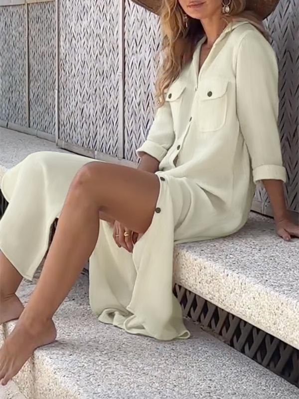 Long Sleeves Loose Buttoned Pockets Split-Side Lapel Maxi Dresses Shirt Dress Product Image