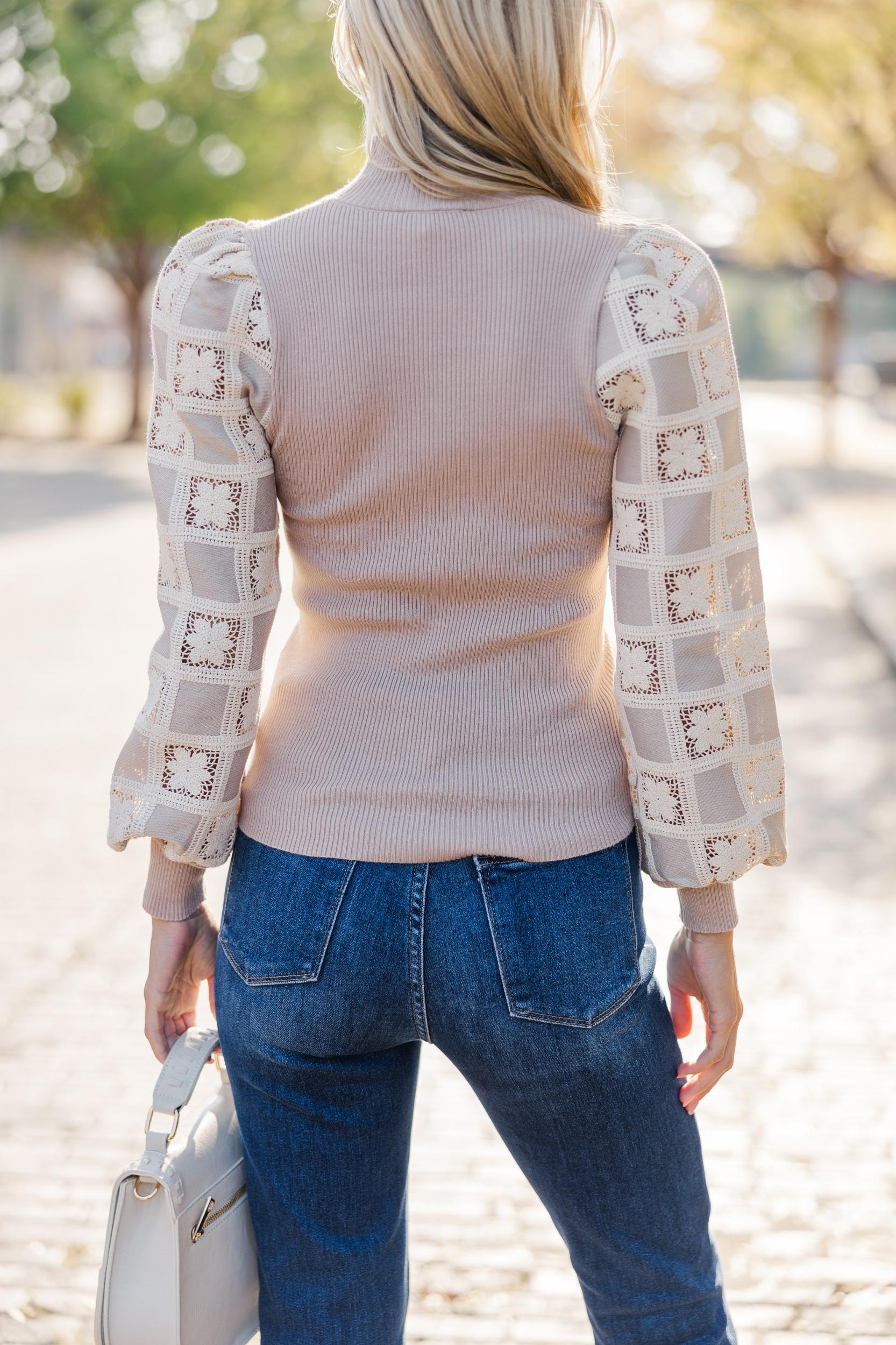 It's All Fair Light Mocha Crochet Sweater Female Product Image