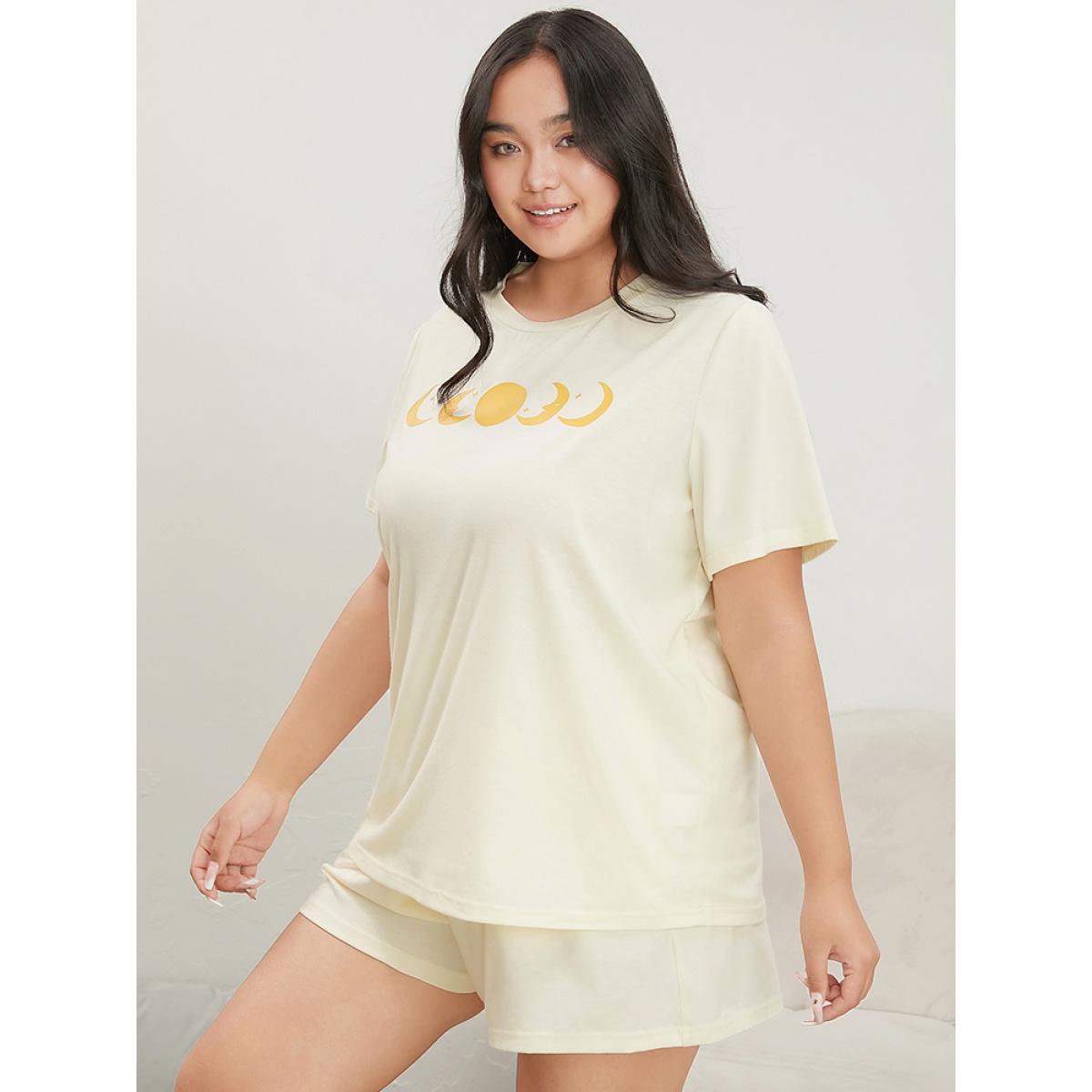 Plus Size Moon And Star Round Neck Sleep Top Women Ivory Casual Star and moon Round Neck Pocket Loungewear BloomChic 12/L Product Image