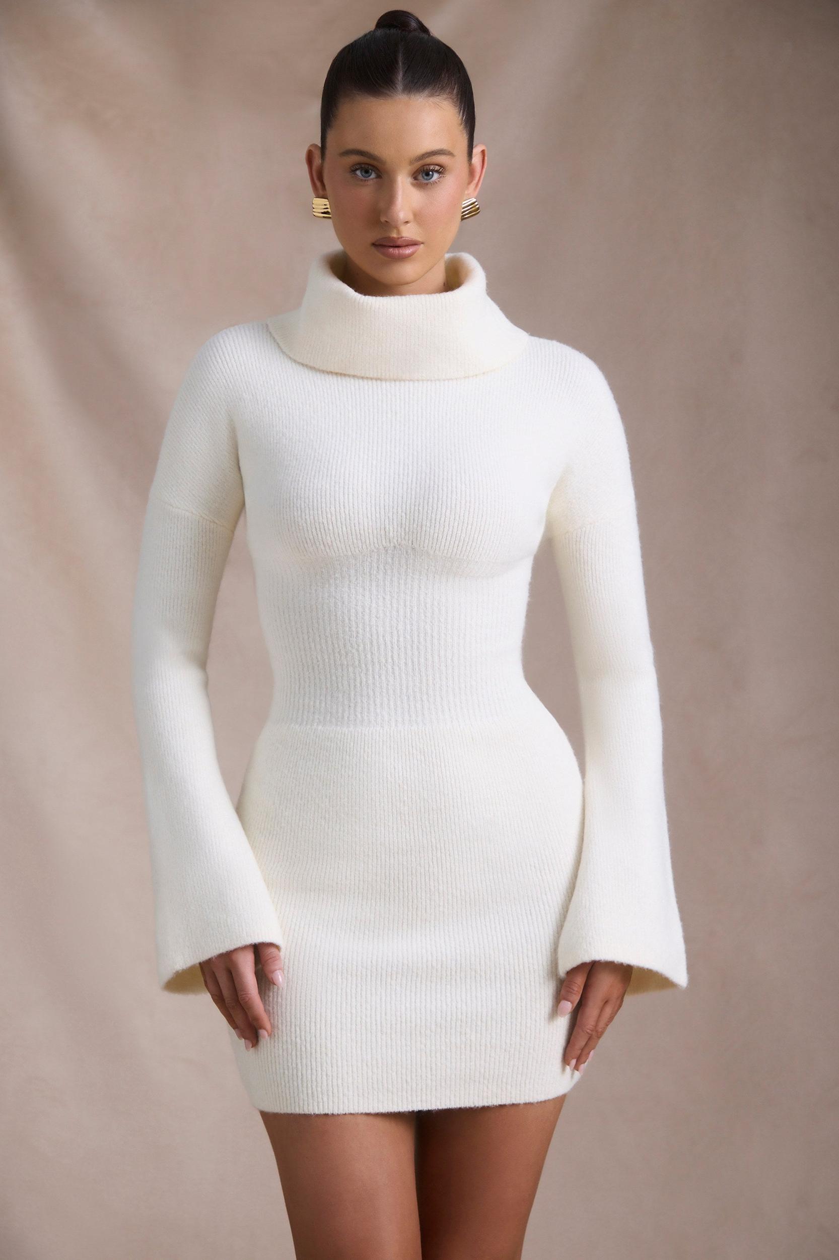 Ribbed-Knit Turtleneck Mini Jumper Dress in Ivory Product Image