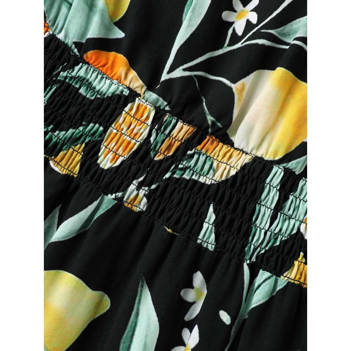 Plus Size Citrus Print Overlap Neck Shirred Midi Dress Black Women Timeless Overlap Collar Short sleeve Curvy BloomChic 14-16/1X Product Image