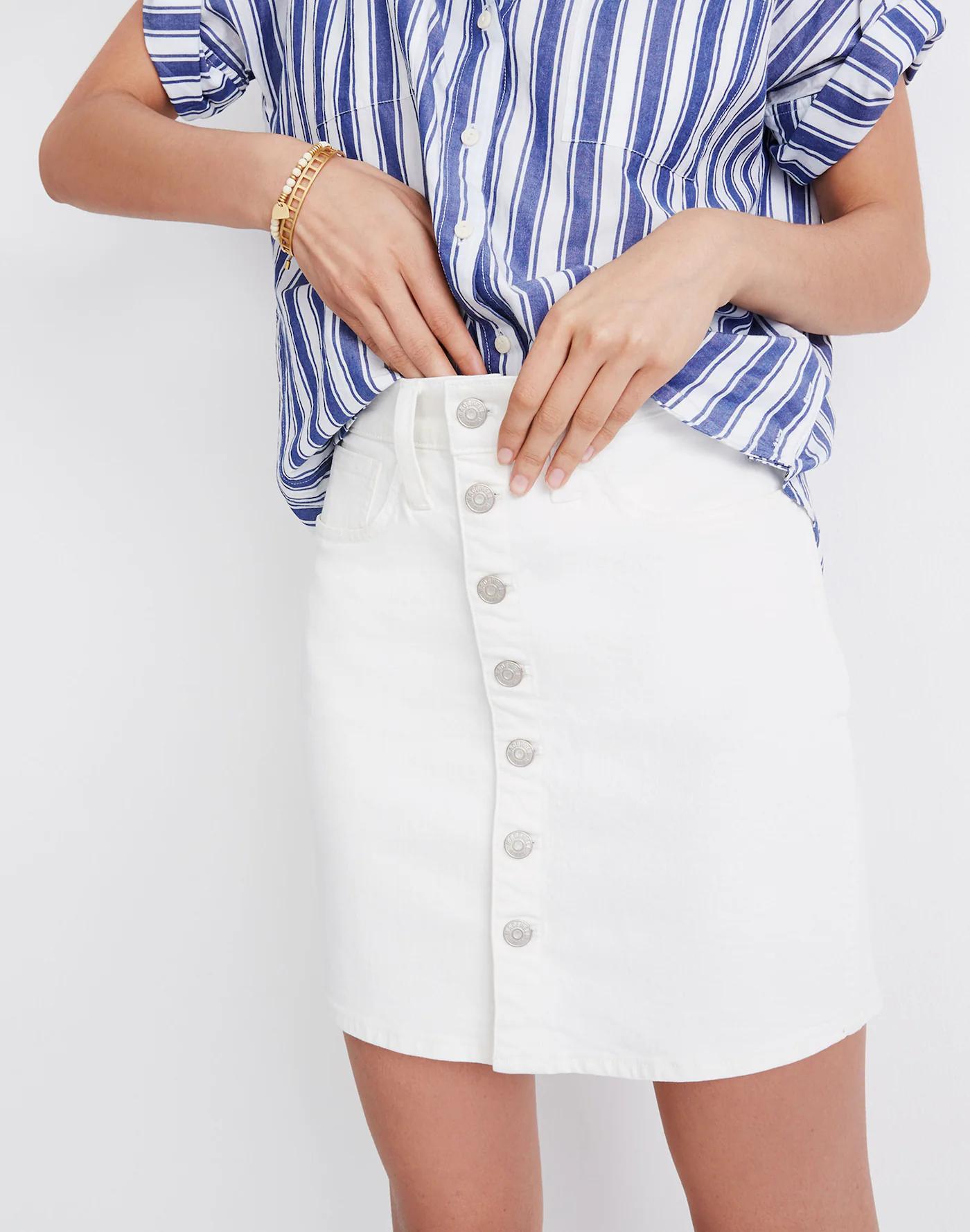 Stretch Denim Straight Mini Skirt in Tile White: Button-Front Edition Product Image