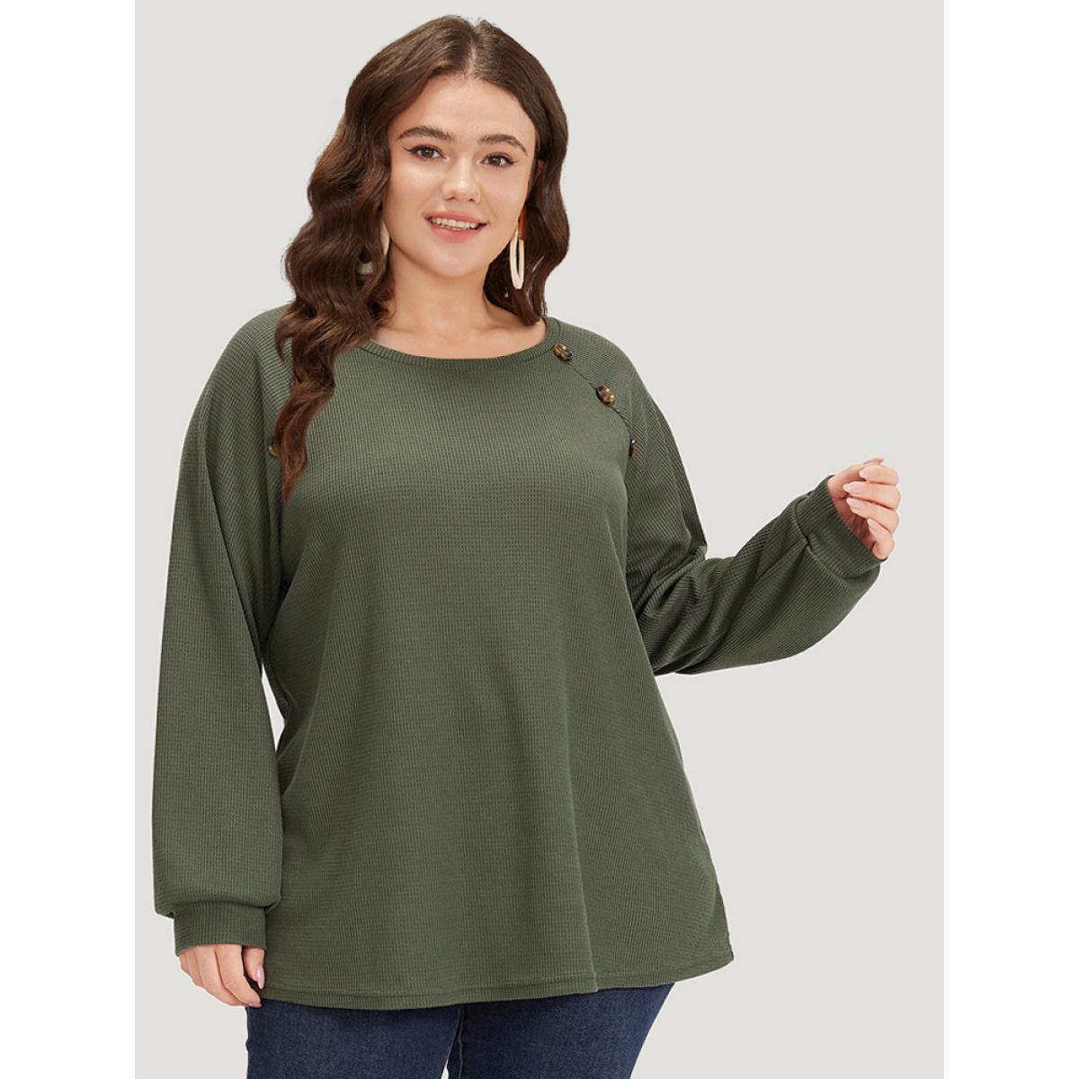 Plus Size Plain Waffle Knit Button Detail Crew Neck Raglan Sleeve T-shirt ArmyGreen Women Casual Elastic cuffs Plain Round Neck Dailywear T-shirts BloomChic 26/4X Product Image