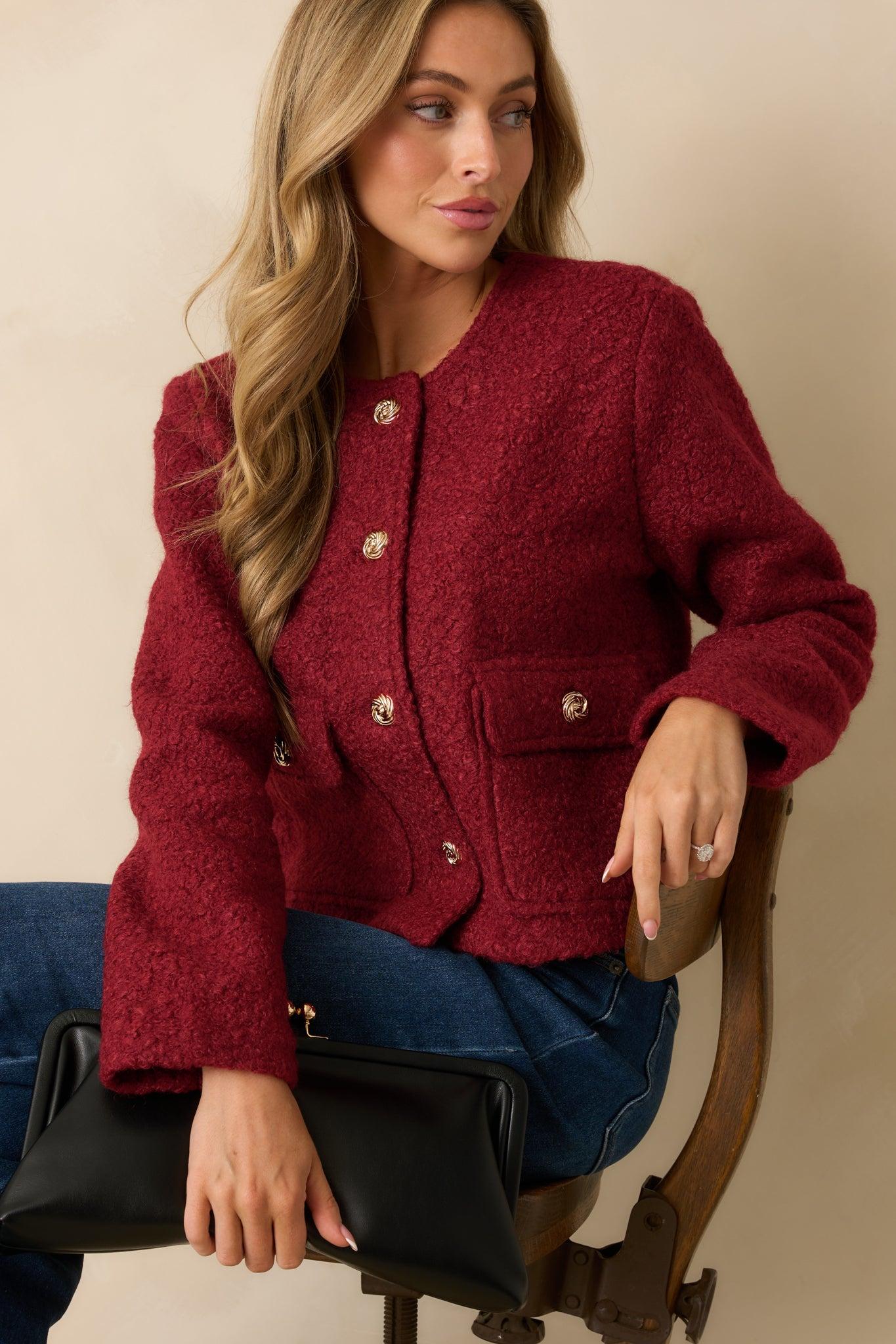 Whispered Warmth Cherry Red Bouclé Button Front Jacket Product Image