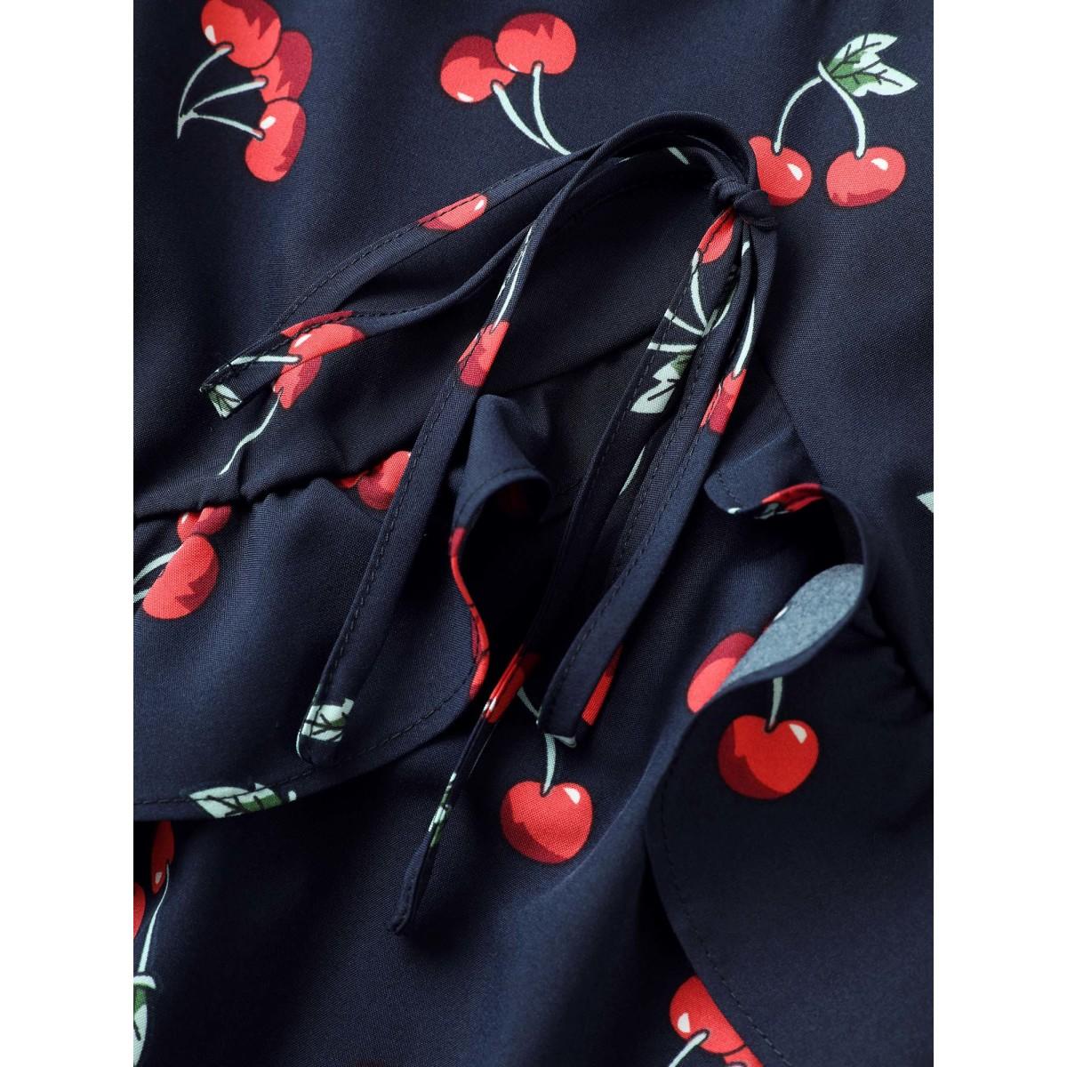 Plus Size Citrus Fruit Print Tie Knot Gathered Puff Sleeve Dress DarkBlue Women Elegant Tie knot V-neck Short sleeve Curvy Midi Dress BloomChic 18-20/2X Product Image