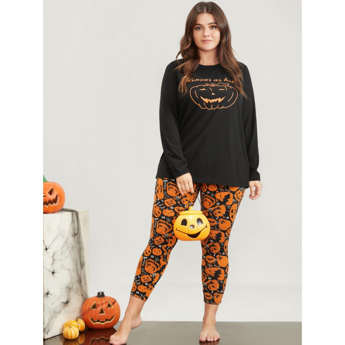 Plus Size Halloween Pumpkin Print Party Pajama Set Women Orange Graphic-Halloween Printed Long Sleeve Round Neck Casual Loungewear Sets BloomChic 10/M Product Image