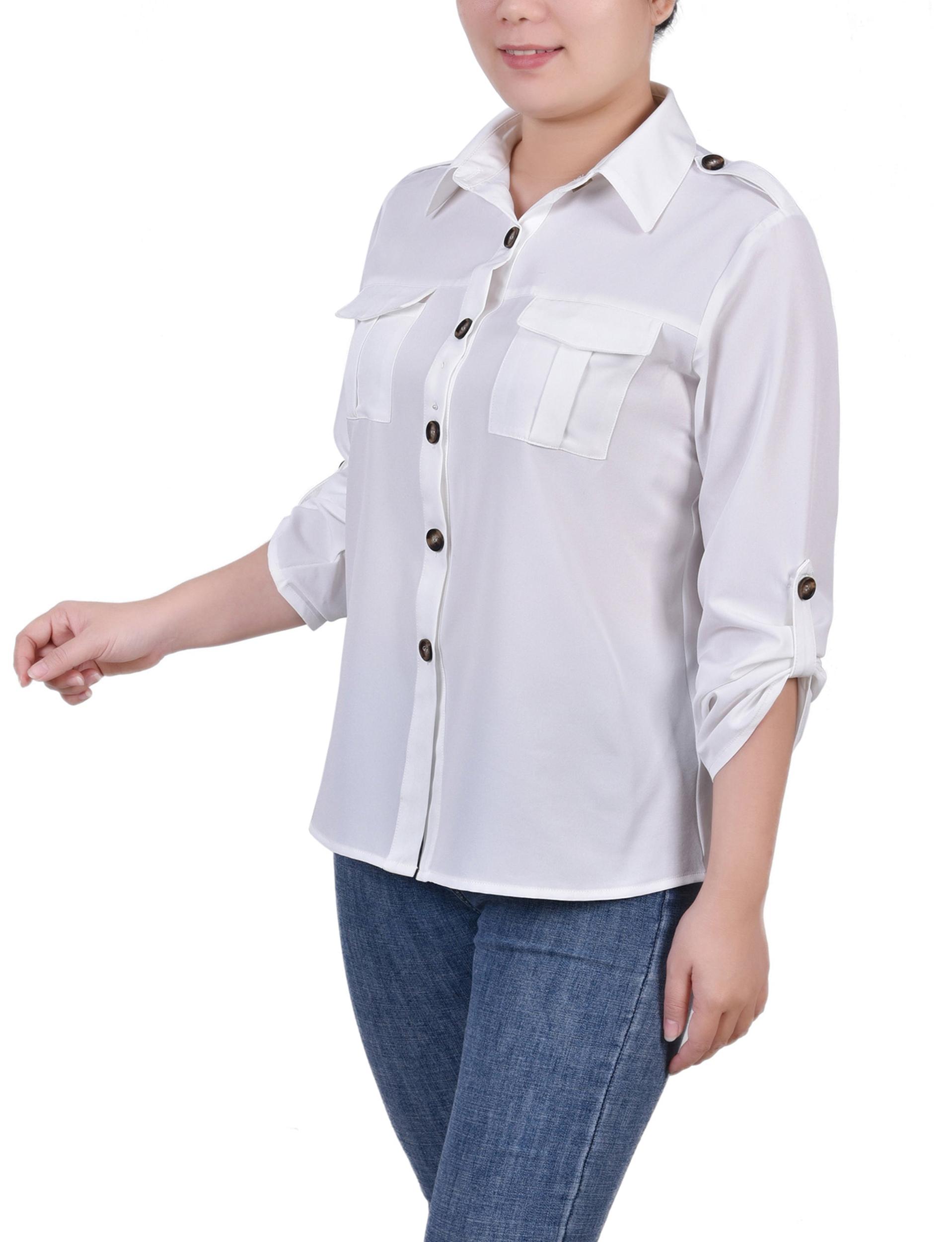 White 3/4 Sleeve Roll Tab Blouse Product Image