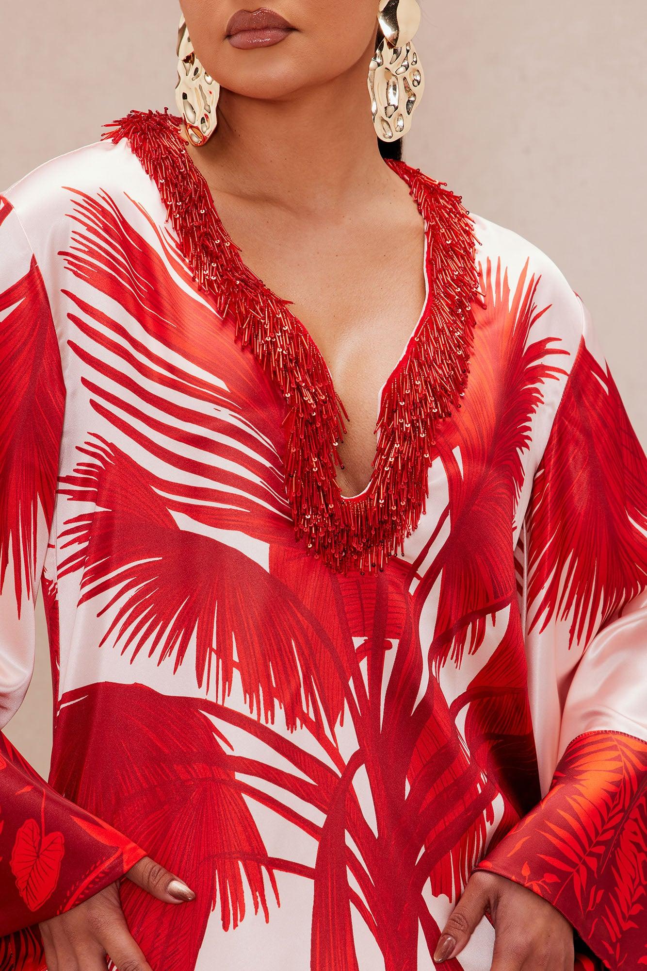 Selena Satin Kaftan Maxi Dress - Red/combo Product Image