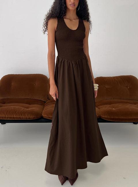 Highgate Drop Waist Pleat Detail Maxi Dress Chocolate Product Image