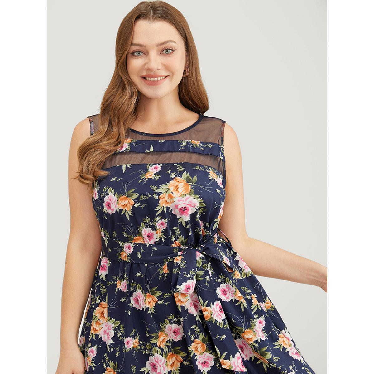 Plus Size Floral Pocket Belted Mesh Insert Flutter Hem Tank Dress Multicolor Women Elegant Belted Round Neck Sleeveless Curvy Knee Dress BloomChic 28/5X Product Image