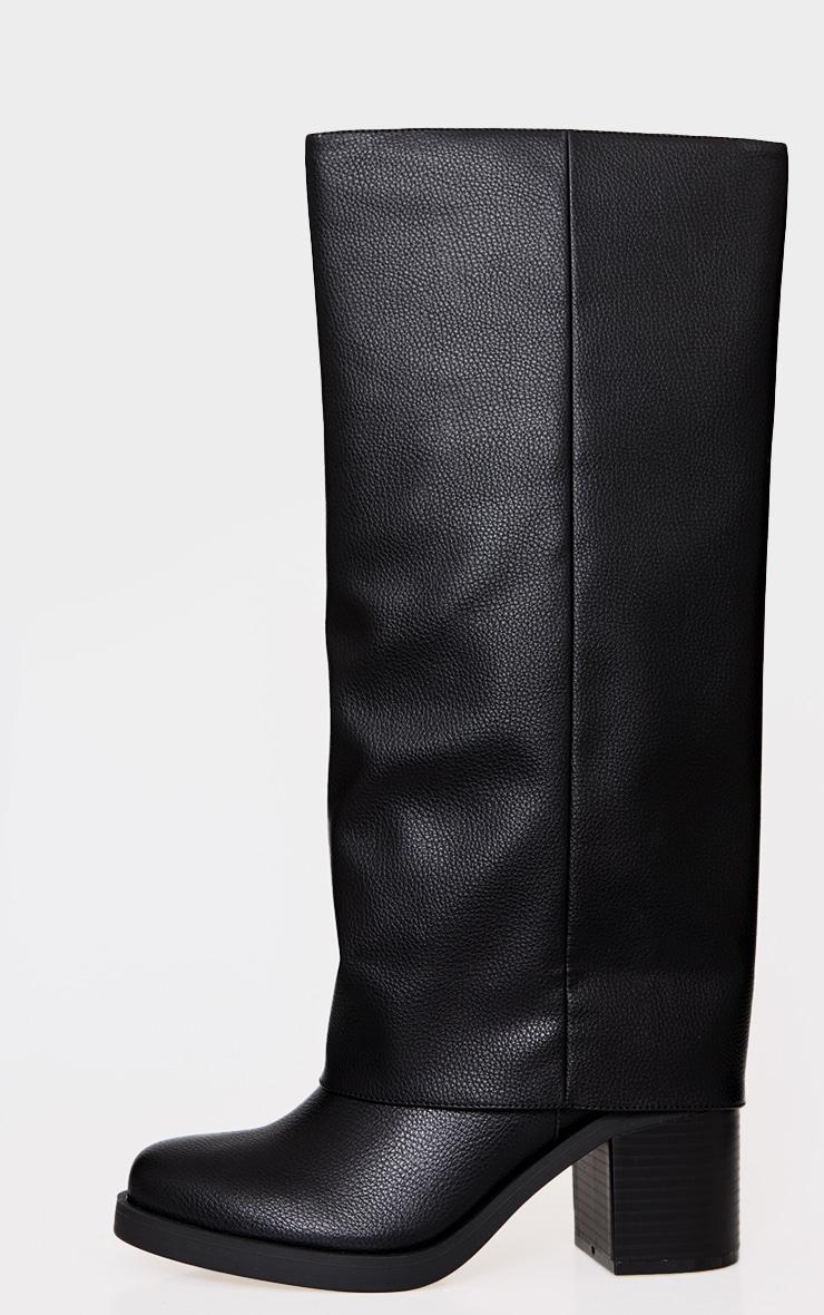 Black Pu Round Toe Fold Over Low Block Heel Boots Product Image