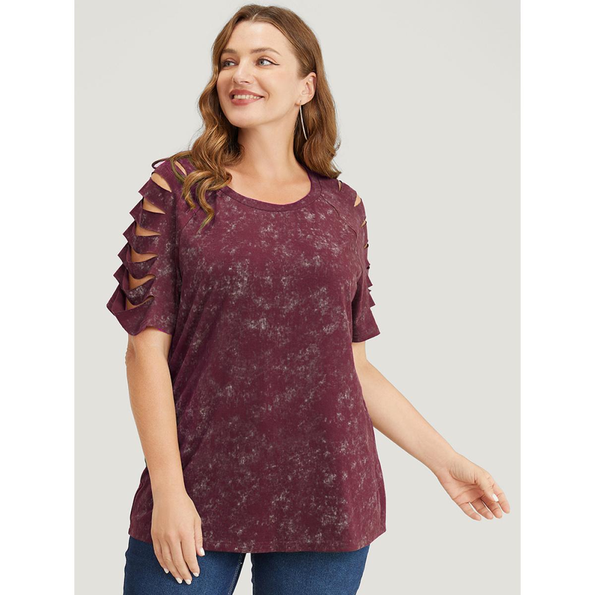 Plus Size Solid Cut Out Raglan Sleeve T-shirt Burgundy Women Casual Cut-Out Plain Round Neck Dailywear T-shirts BloomChic 30/6X Product Image