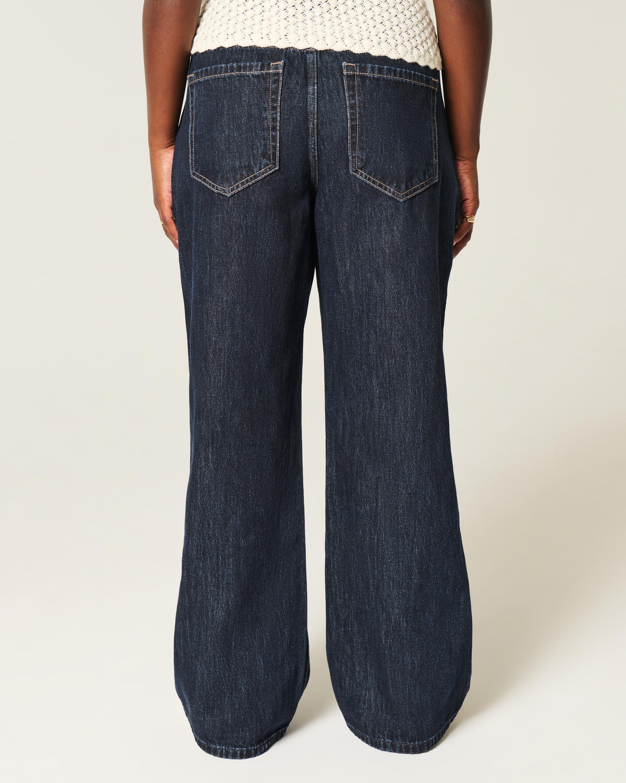 Curvy Low-Rise Dark Wash Foldover Waist Baggy Jeans Product Image