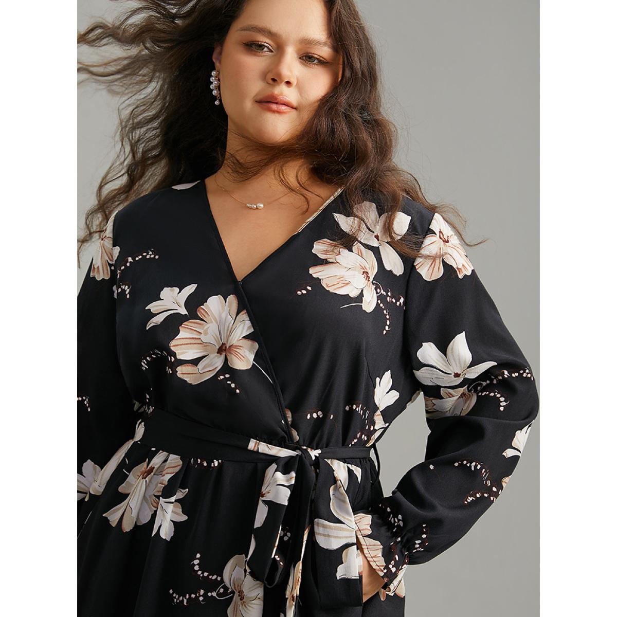 Plus Size Floral Print Flutter Sleeve Belted Surplice Neck Dress Black Women Elegant Wrap Overlap Collar Long Sleeve Curvy Midi Dress BloomChic 22-24/3X Product Image