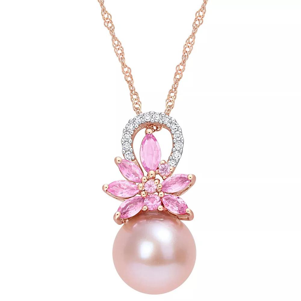 Stella Grace 14k Rose Gold Freshwater Cultured Pearl, Pink Sapphire & Diamond Accent Flower Pendant Necklace, Women's, Size: 17" Product Image