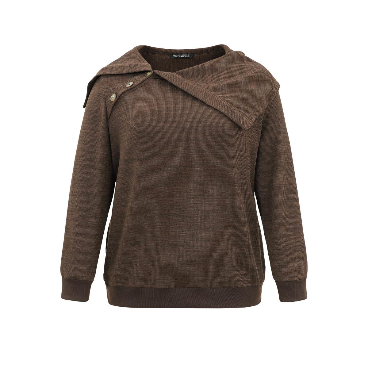 Plus Size Plisse Lapel Collar Button Detail Sweatshirt Women DarkBrown Casual Texture Lapel Collar Dailywear Sweatshirts BloomChic 10/M Product Image