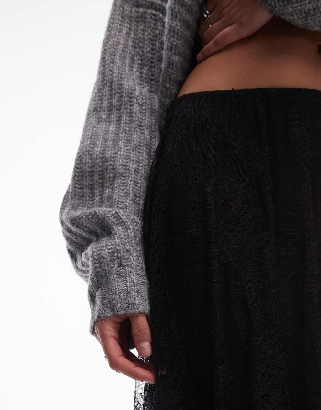 AllSaints Josie lace tulle midi skirt in black Product Image