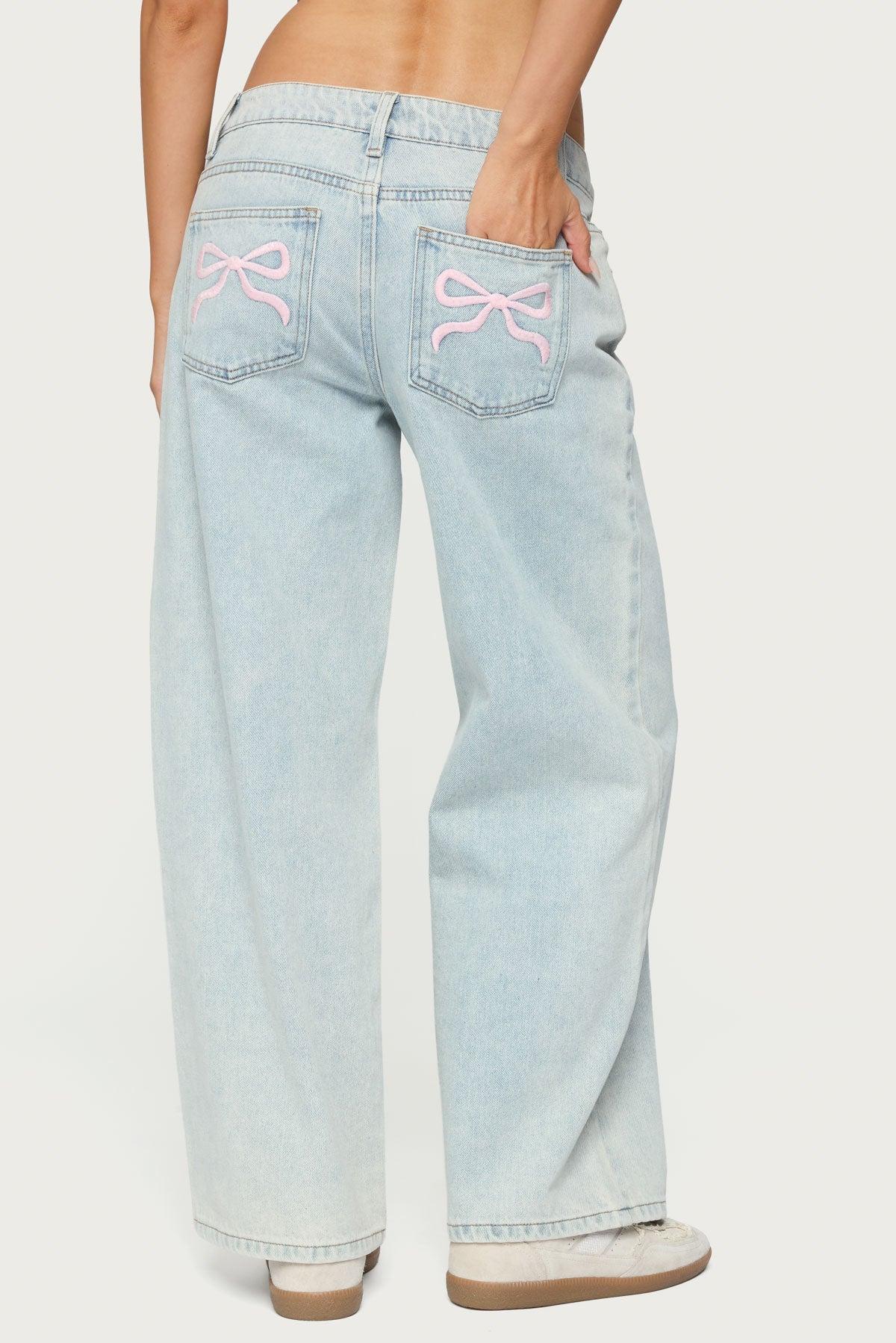 Petite Bow Pocket Low Rise Baggy Jeans Product Image