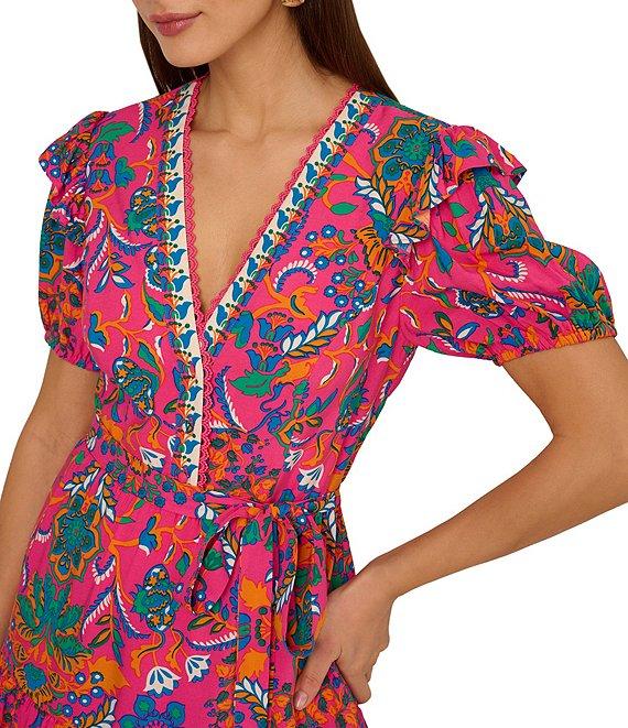 Adrianna by Adrianna Papell V-Neck Short Sleeve Printed Flounce Hem Shift Dress Product Image
