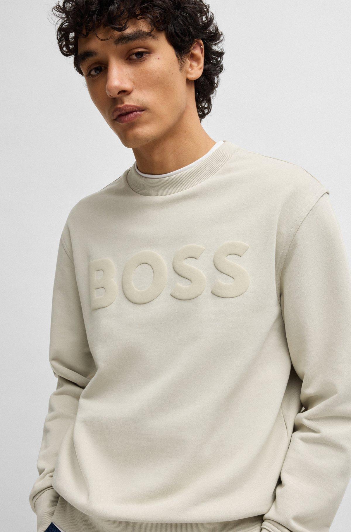 BOSS - Relaxed-fit cotton-terry sweatshirt with rubber-print logo - Light Beige Product Image
