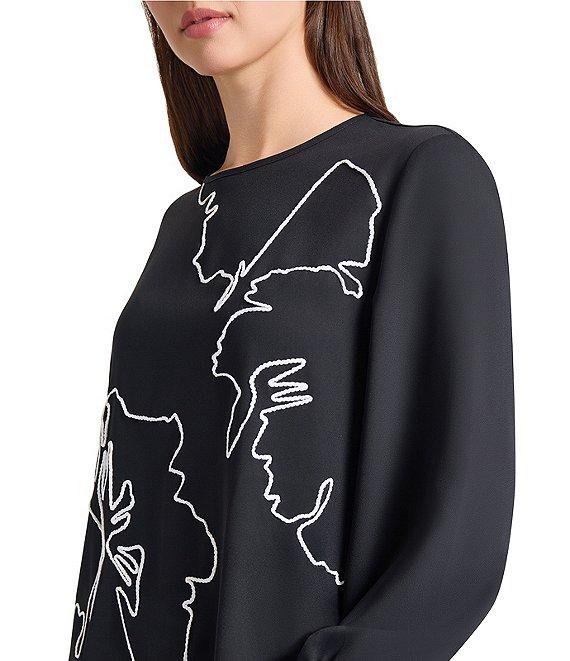 Ming Wang Embroidered Crepe De Chine Crew Neck Bracelet Sleeve Blouse Product Image