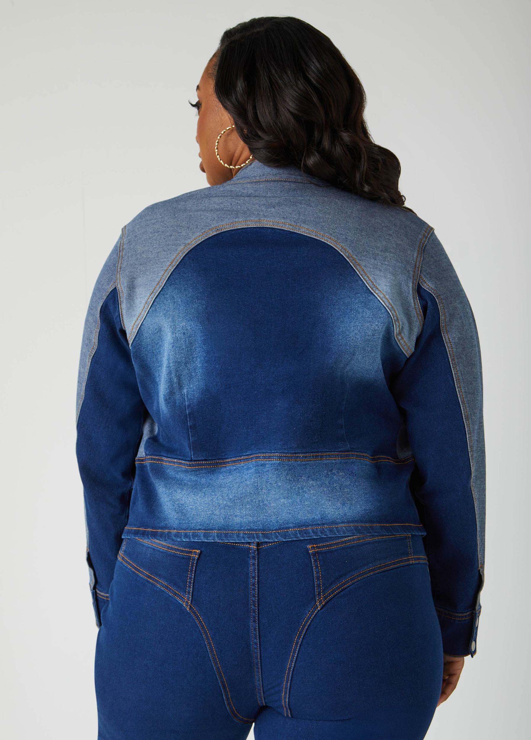Plus Size Colorblocked Denim Moto Jacket Ashley Stewart Product Image
