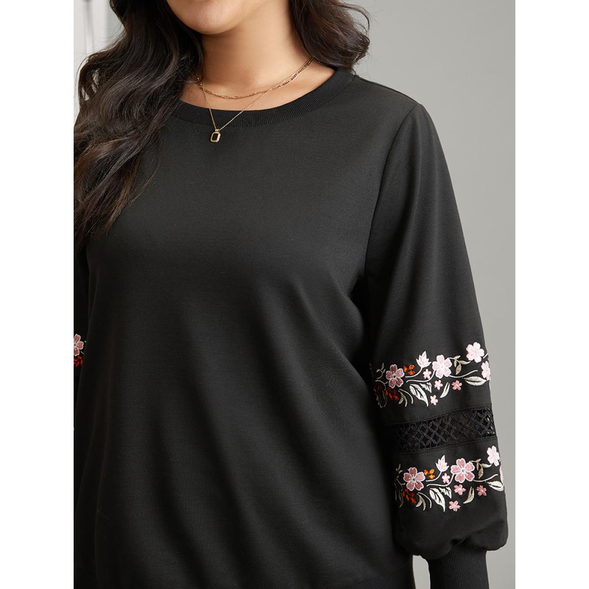 Plus Size Floral Embroidered Lace Insert Sweatshirt Women Black Elegant Lace Round Neck Dailywear Sweatshirts BloomChic 14-16/1X Product Image