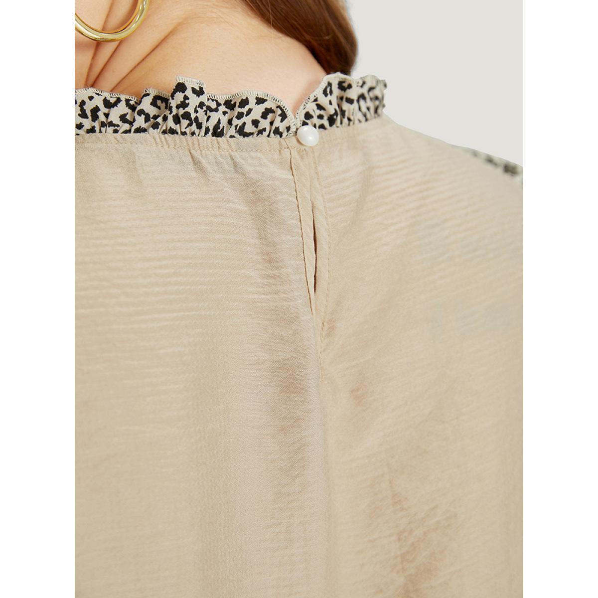 Plus Size Apricot Leopard Patchwork Halter Frill Trim Flutter Sleeve Blouse Women Elegant Cap Sleeve Halter neck Dailywear Blouses BloomChic 14-16/1X Product Image