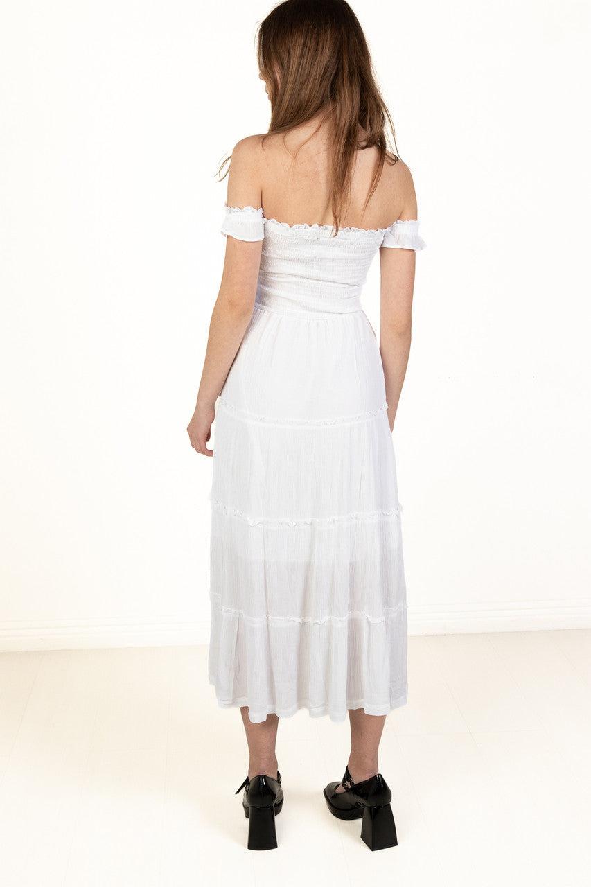 White Over The Shoulder Tiered Maxi Dress Product Image