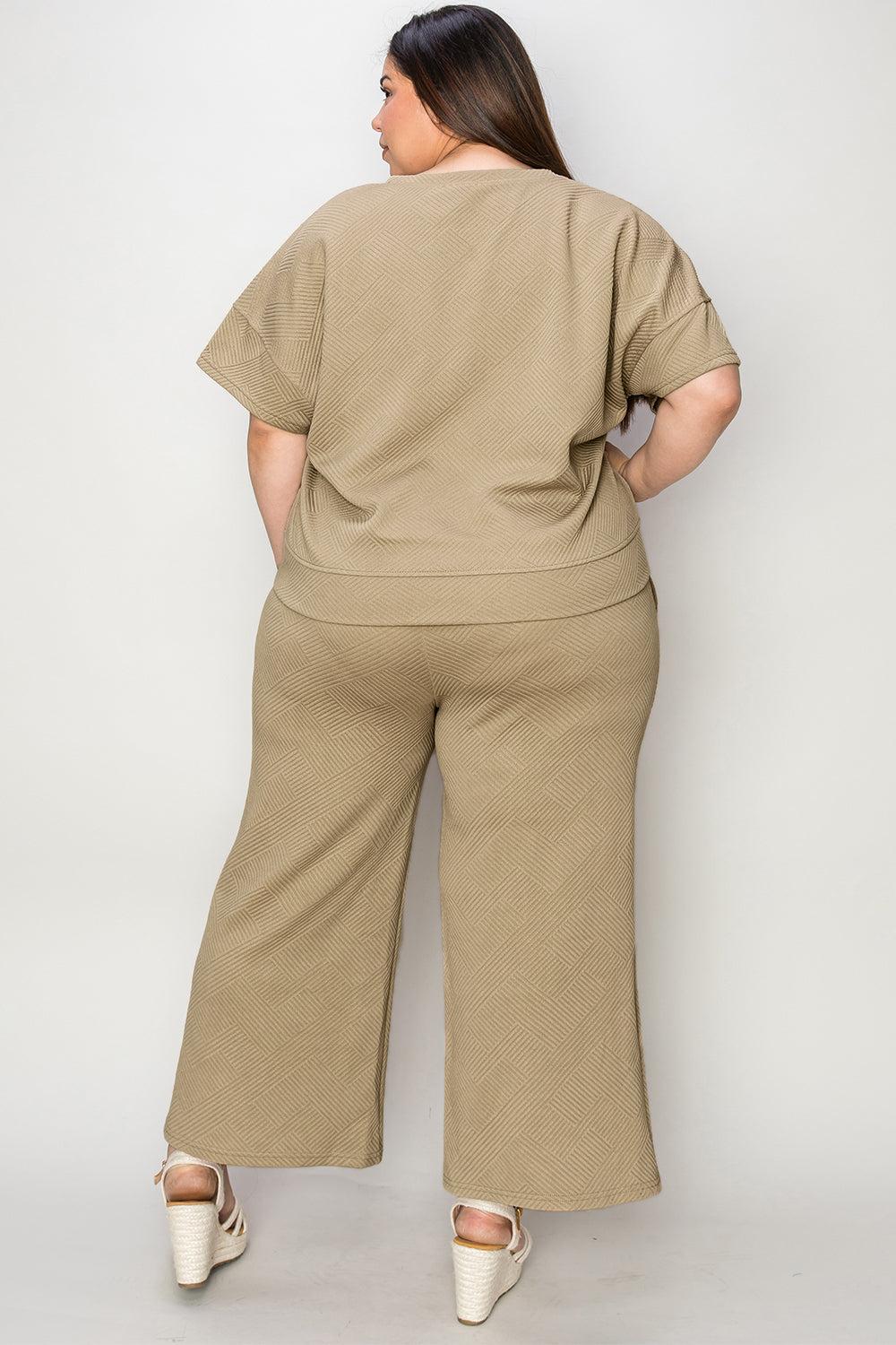 Double Take Full Size Texture Short Sleeve Top and Pants Set Product Image