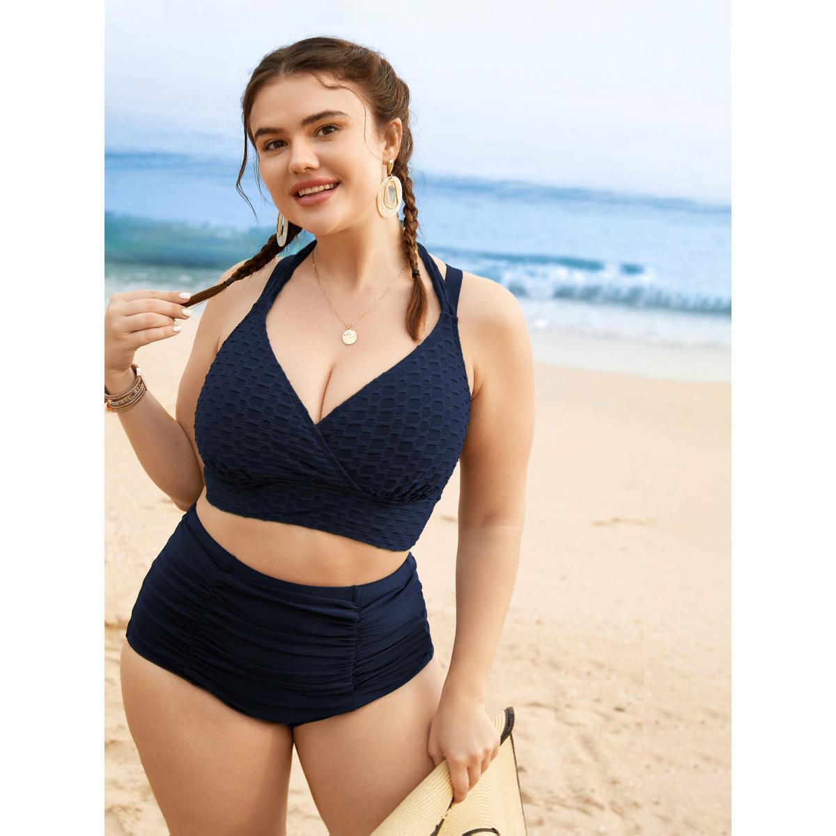Plus Size Plain Textured Wrap Tie Knot Swim Top Women's Swimwear Indigo Resort Tie knot High stretch Skinny Overlap Collar Curve Swim Tops BloomChic 30/6X Product Image
