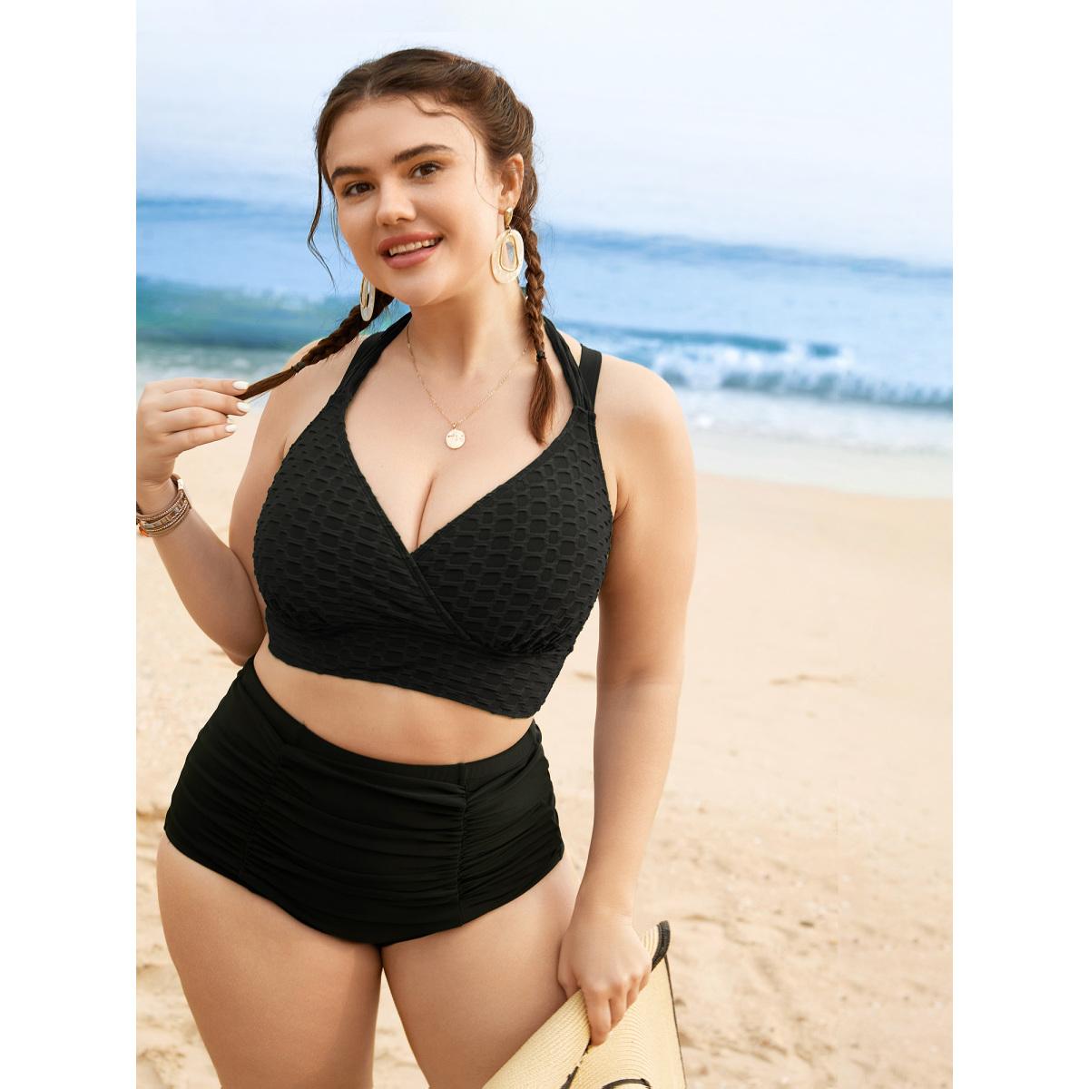 Plus Size Plain Textured Wrap Tie Knot Swim Top Women's Swimwear Black Beach Tie knot High stretch Skinny Overlap Collar Curve Swim Tops BloomChic 22-24/3X Product Image