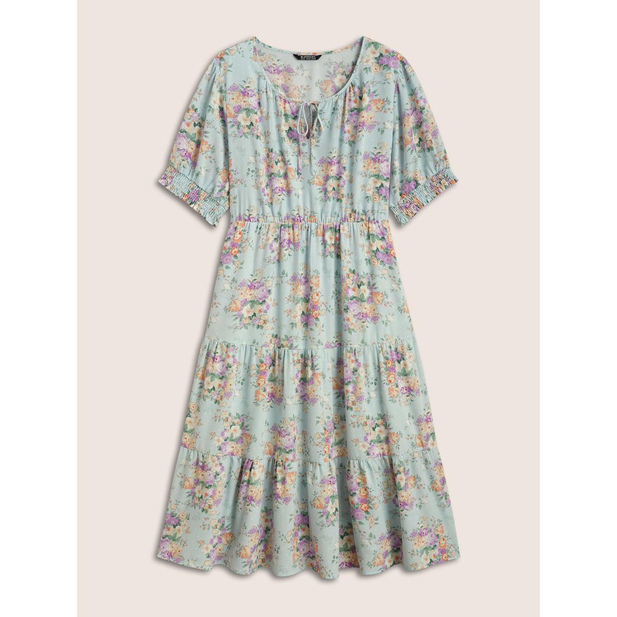 Plus Size Floral Shirred Tie Knot Lantern Sleeve Dress LightBlue Women Elegant Tie knot Notched collar Half Sleeve Curvy BloomChic 26/4X Product Image