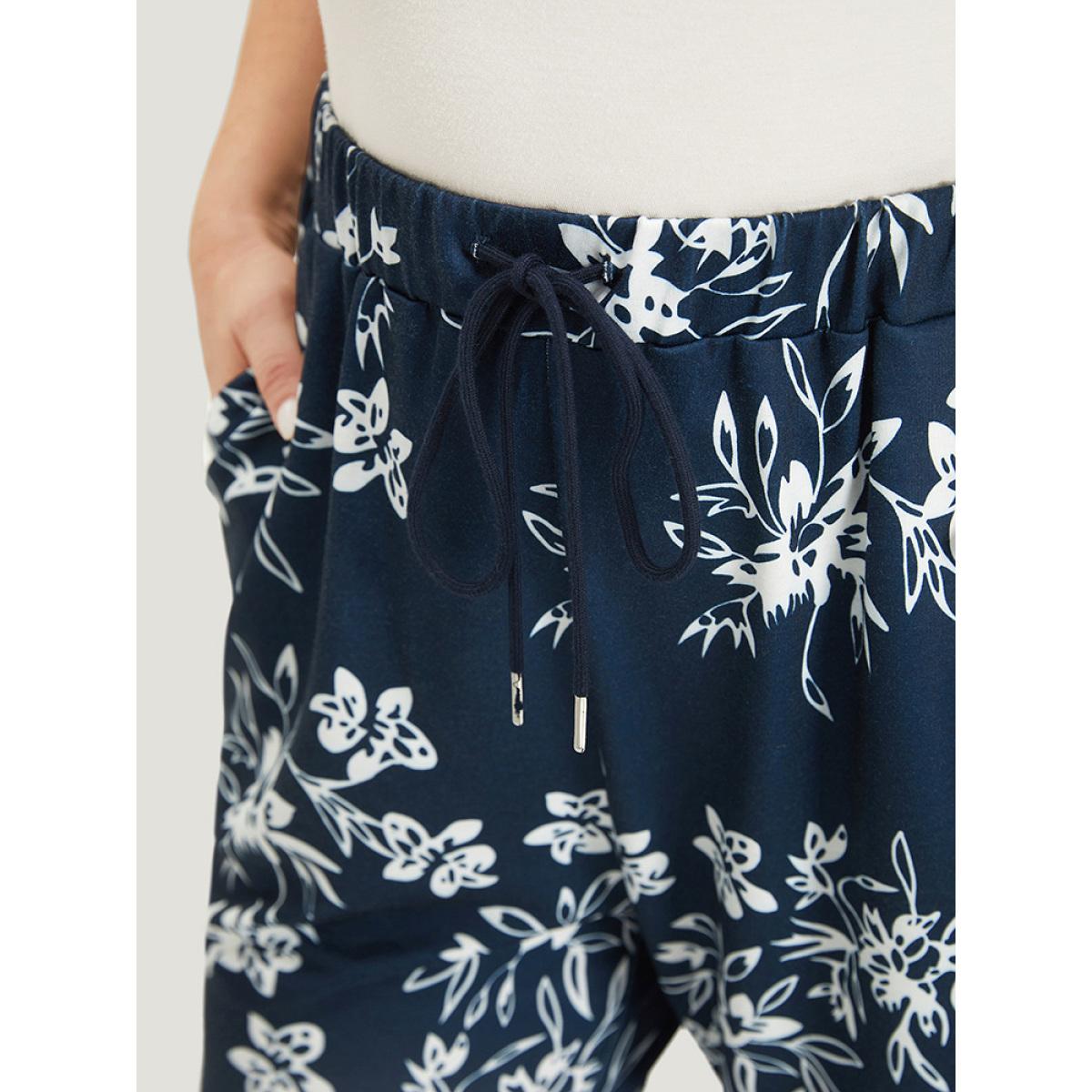 Silhouette Floral Print Drawstring Pocket Sweatpants Indigo Plus Size Women Casual Everyday Elastic Waist 26/4X Bloomchic Product Image