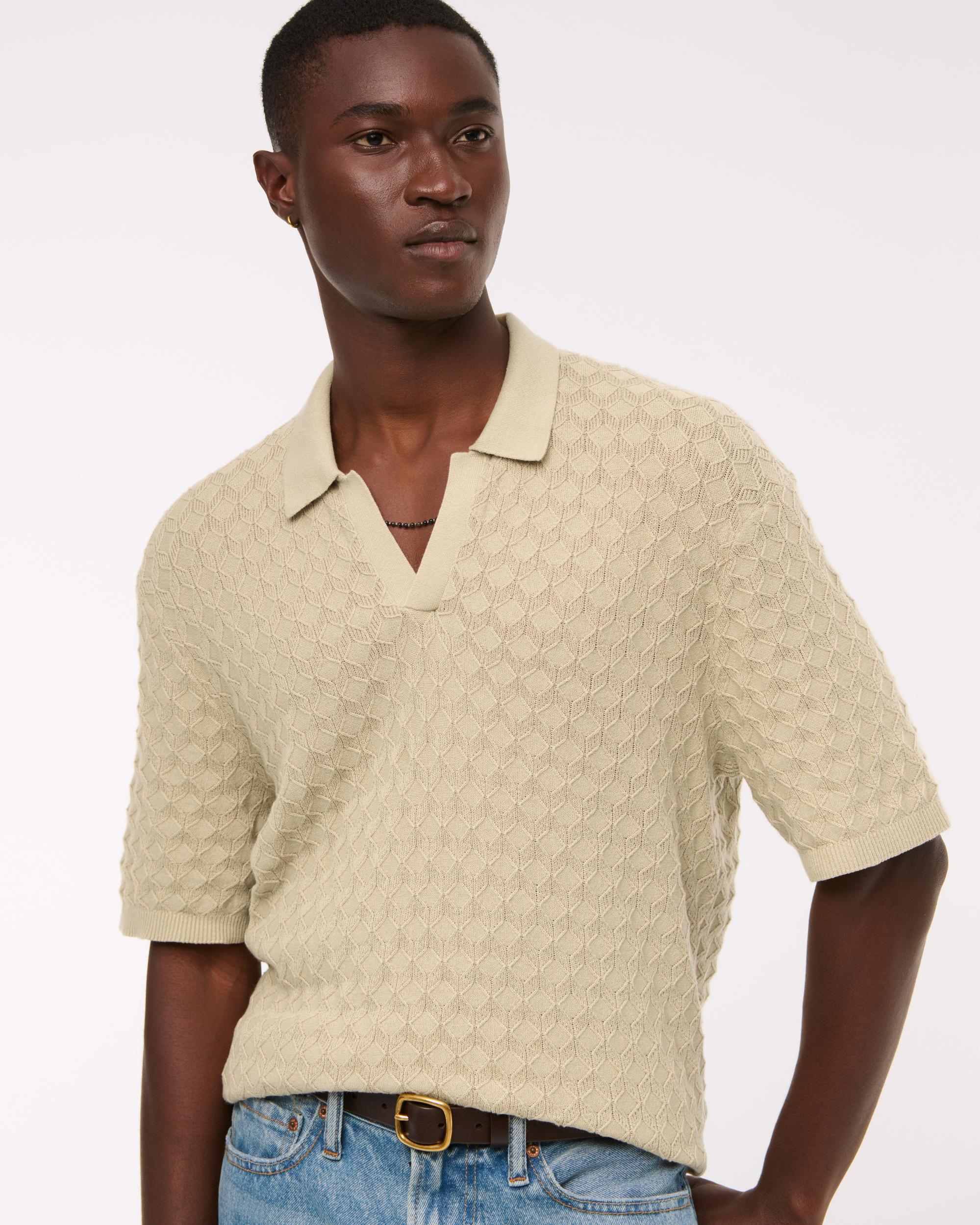 Pointelle Stitch Johnny Collar Sweater Polo Product Image