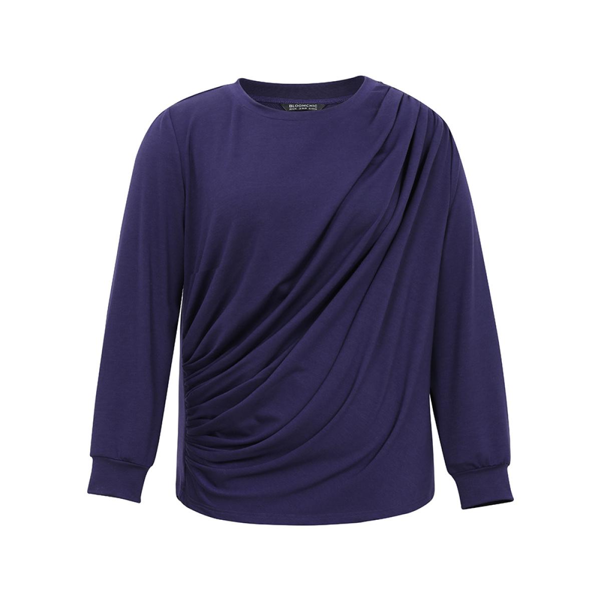 Plus Size Plain Pleated Round Neck Slightly Stretchy Sweatshirt Women Eggplant Casual Plain Round Neck Everyday Sweatshirts BloomChic 22-24/3X Product Image