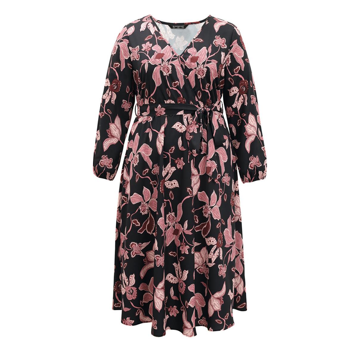 Plus Size Floral Lantern Sleeve Belted Overlap Collar Dress Black Women Elegant Elastic cuffs Overlap Collar Long Sleeve Curvy Midi Dress BloomChic 22-24/3X Product Image