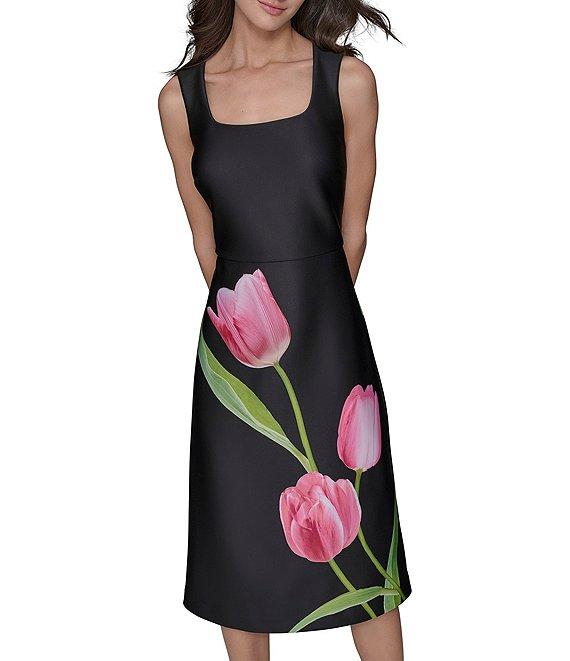 KARL LAGERFELD PARIS Scuba Tulip Print Square Neck Sleeveless Shift Midi Dress Product Image