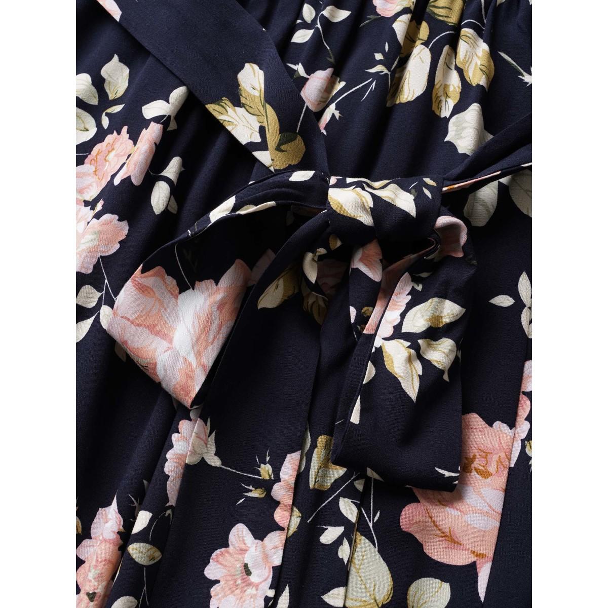 Plus Size Floral Wrap Elastic Waist Belted Sleeveless Dress DarkBlue Women Timeless Non Spaghetti Strap Sleeveless Curvy Midi Dress BloomChic 18-20/2X Product Image