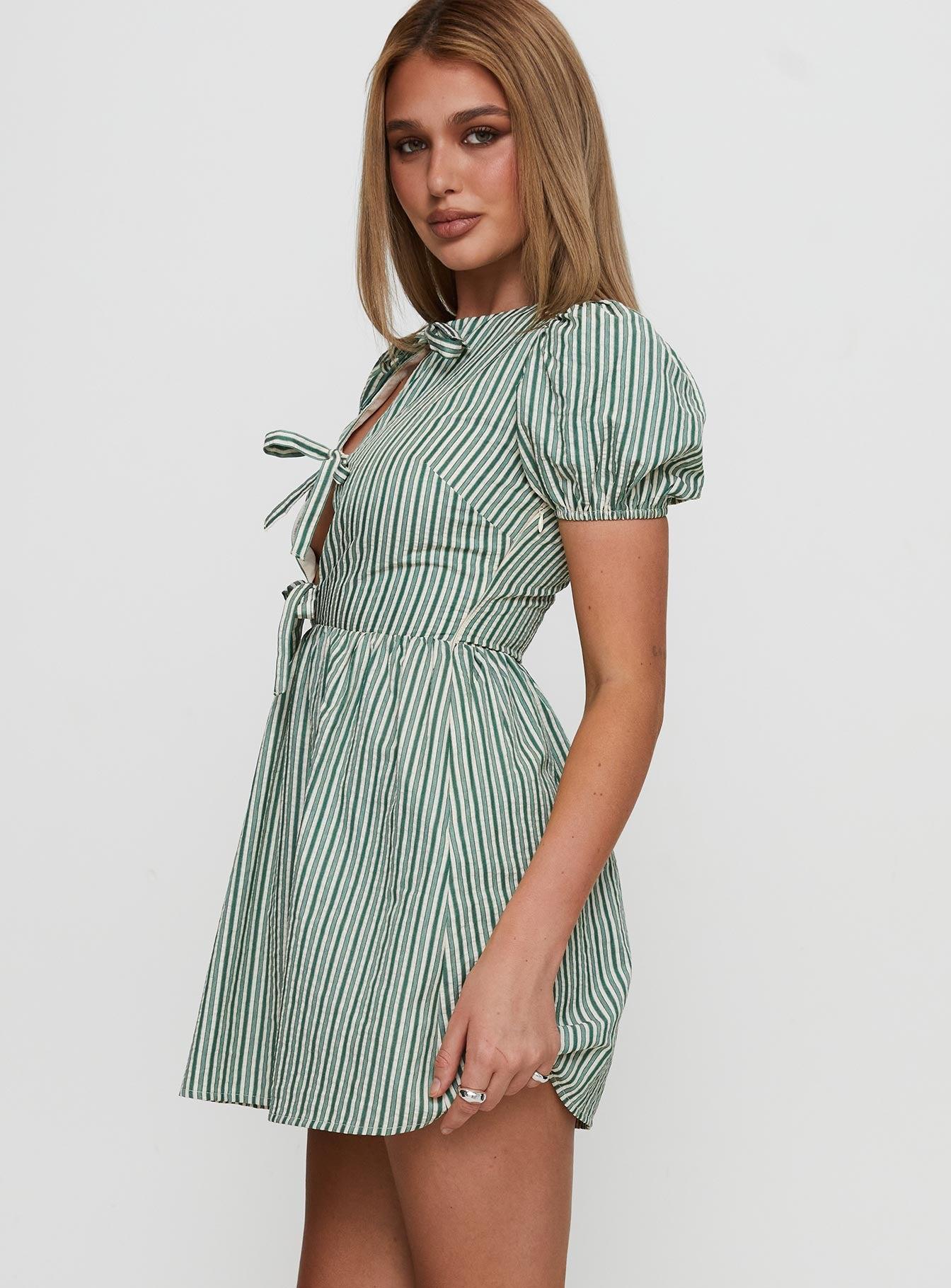 Nurture Bow Mini Dress Green Stripe Product Image