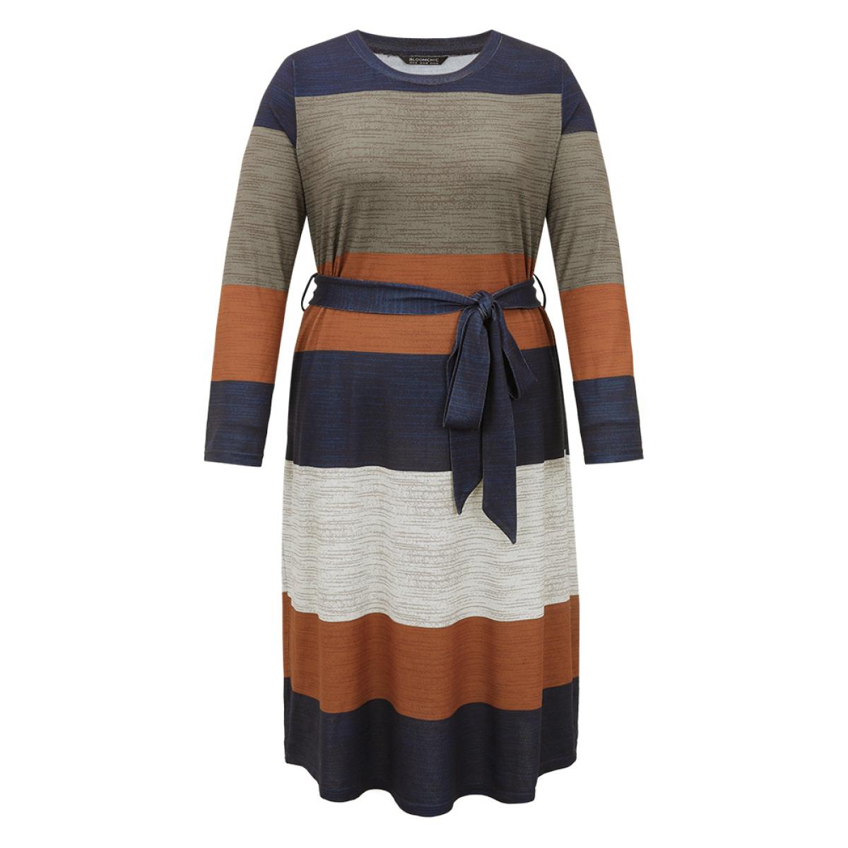 Plus Size Colorblock Contrast Heather Belted Dress Multicolor Women Casual Non Round Neck Long Sleeve Curvy Midi Dress BloomChic 12/L Product Image